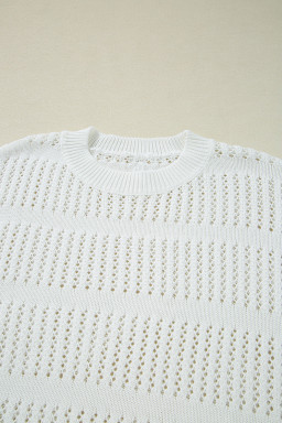 White 3/4 Sleeve Open Knit Mesh Detail Pullover Sweater