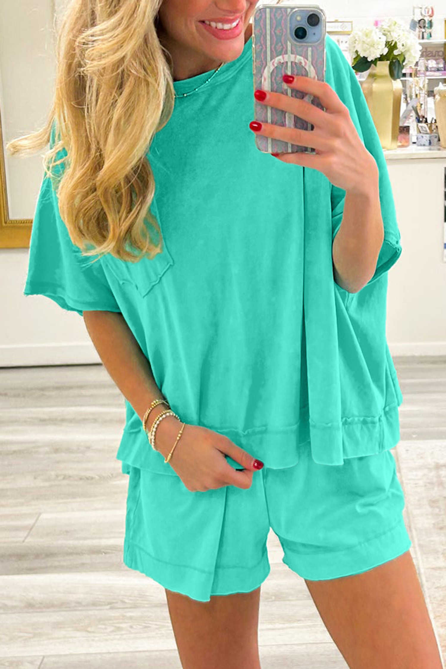 Mint Green Raw Edge Patch Pocket Oversized Top and Shorts Set