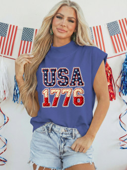 Sky Blue Patriotic USA 1776 Graphic Muscle Tee with Vintage Flag Print