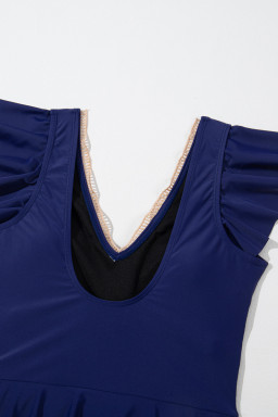 Navy Blue Ruffled Short Sleeve Lace Trim V Neck One Piece Swim Dress