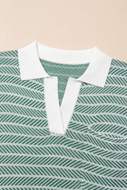 Green Stripe Contrast Trim Sleeveless Polo Collar Sweater