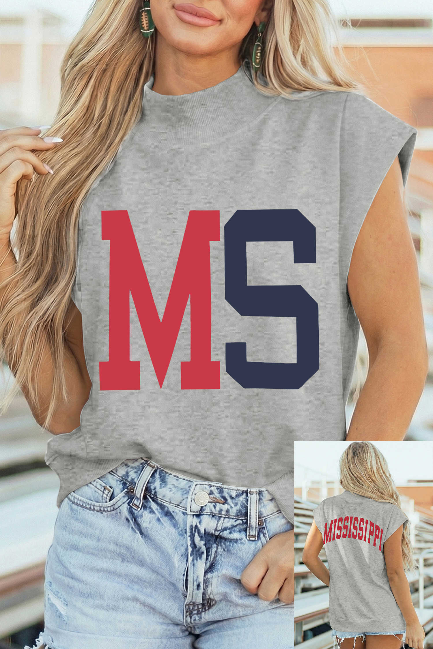 Light Grey MS/ MISSISSIPPI Double Side Printed Mock Neck Tee