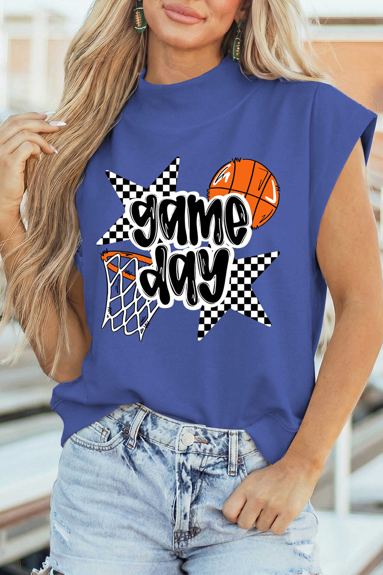 Sky Blue game day Basketball Motif Printed High Neck Tee
