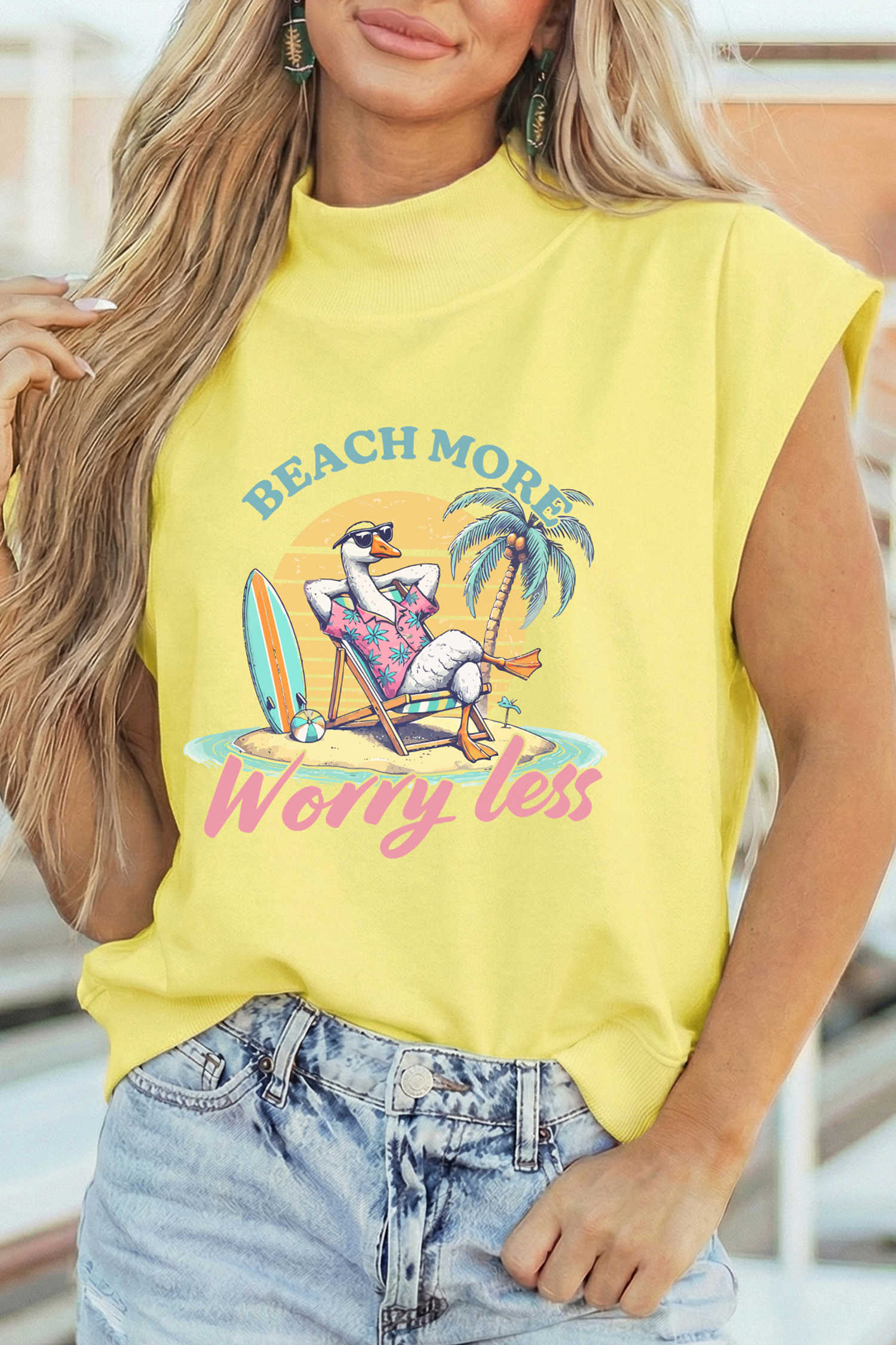 Yellow Beach More Worry Less Graphic Mock Neck Tee