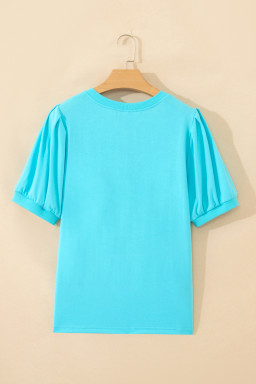 Turquoise Solid Color V Neck Short Puff Sleeve Blouse