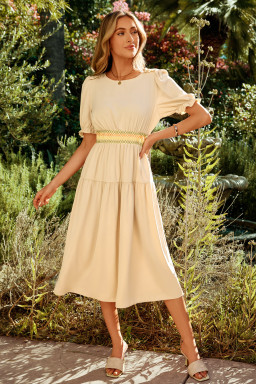 Apricot Contrast Shirred Elastic Waist Short Sleeve Midi Dress