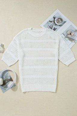White 3/4 Sleeve Open Knit Mesh Detail Pullover Sweater