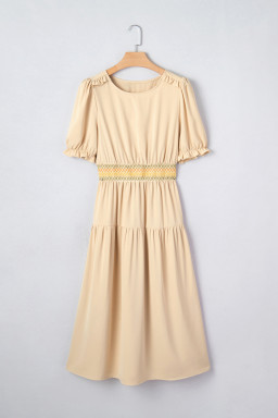 Apricot Contrast Shirred Elastic Waist Short Sleeve Midi Dress