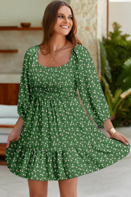 Green Floral 3/4 Sleeve Square Neck Smocked Mini Dress