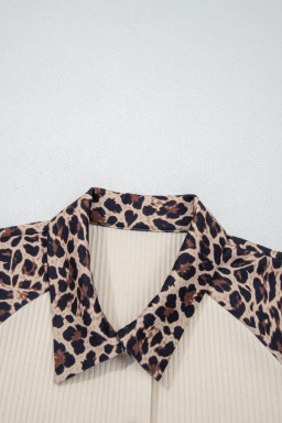 White Ribbed Texture Button Down Leopard Patchwork Short Sleeve Shirt