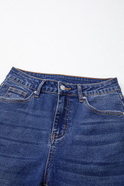 Dark Blue Whiskered Wash Raw Hem Cropped Jeans