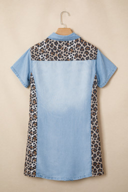 Myosotis Denim Color Block Leopard Patchwork Shirt Collar T Shirt Mini Dress
