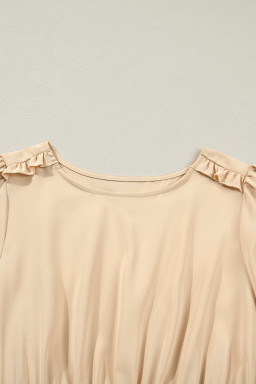 Apricot Contrast Shirred Elastic Waist Short Sleeve Midi Dress