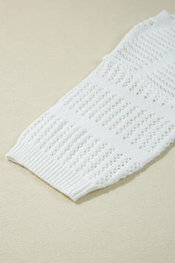 White 3/4 Sleeve Open Knit Mesh Detail Pullover Sweater