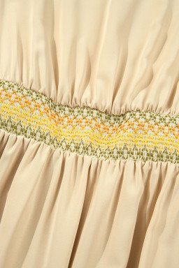 Apricot Contrast Shirred Elastic Waist Short Sleeve Midi Dress