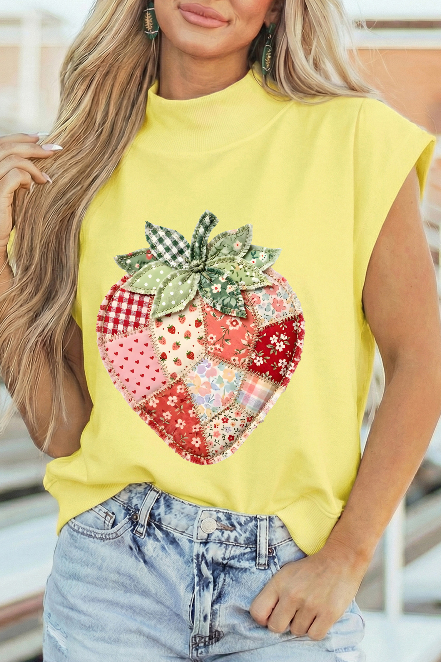 Yellow Faux Patchwork Strawberry Printed Mock Neck Tee