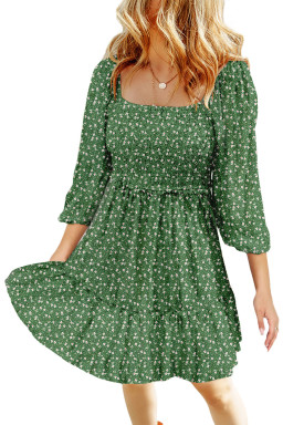 Green Floral 3/4 Sleeve Square Neck Smocked Mini Dress