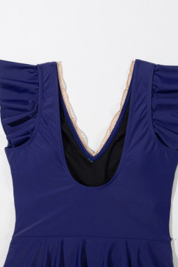 Navy Blue Ruffled Short Sleeve Lace Trim V Neck One Piece Swim Dress