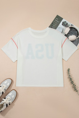 White Plus Size Twisted Rib Vintage USA Letter Printed T Shirt