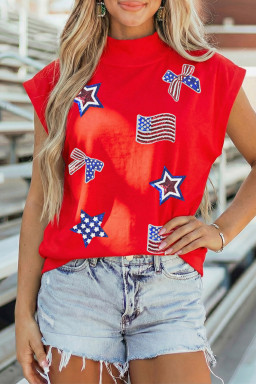 Racing Red Patriotic Sequin Graphic High Neck Short Sleeve Top