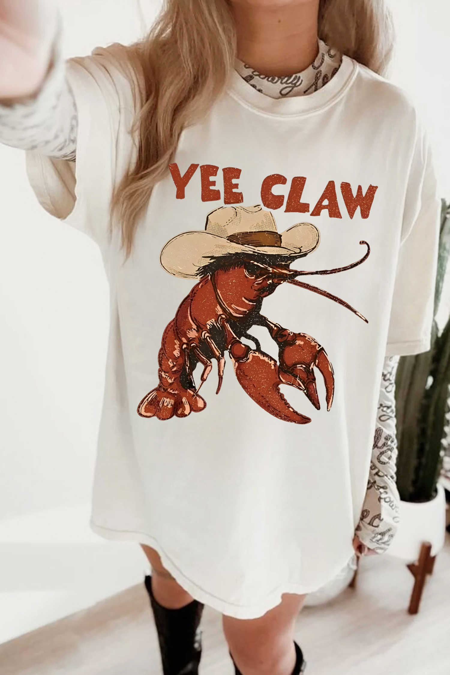 White Funny Western Print Short Sleeve Lobster Graphic Tee