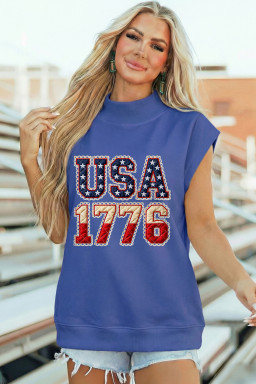 Sky Blue Patriotic USA 1776 Graphic Muscle Tee with Vintage Flag Print