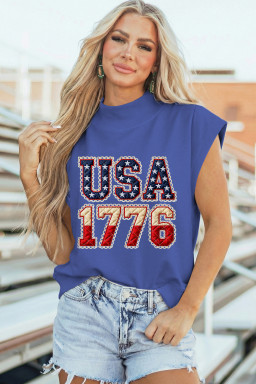 Sky Blue Patriotic USA 1776 Graphic Muscle Tee with Vintage Flag Print