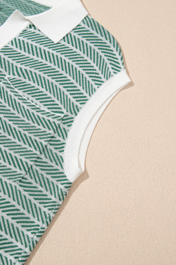 Green Stripe Contrast Trim Sleeveless Polo Collar Sweater
