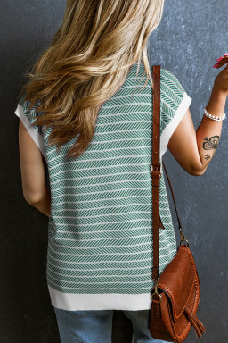 Green Stripe Contrast Trim Sleeveless Polo Collar Sweater