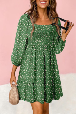 Green Floral 3/4 Sleeve Square Neck Smocked Mini Dress