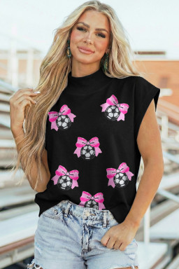 Black Sequin Bow Soccer Ball High Neck Short Sleeve Top