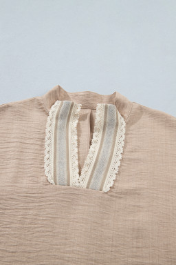 Parchment Crochet Lace Accent Pullover Rolled Short Sleeve Blouse