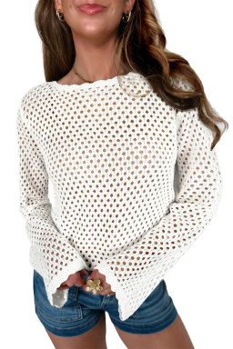 White Scalloped Trim Hollow Out Knit Long Sleeve Top