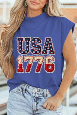 Sky Blue Patriotic USA 1776 Graphic Muscle Tee with Vintage Flag Print