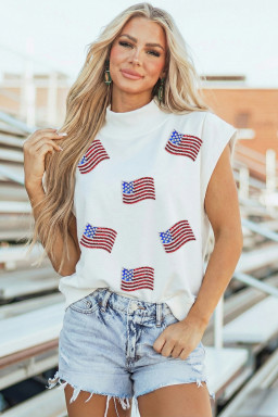 White Sequin American Flag Mock Neck Short Sleeve Top