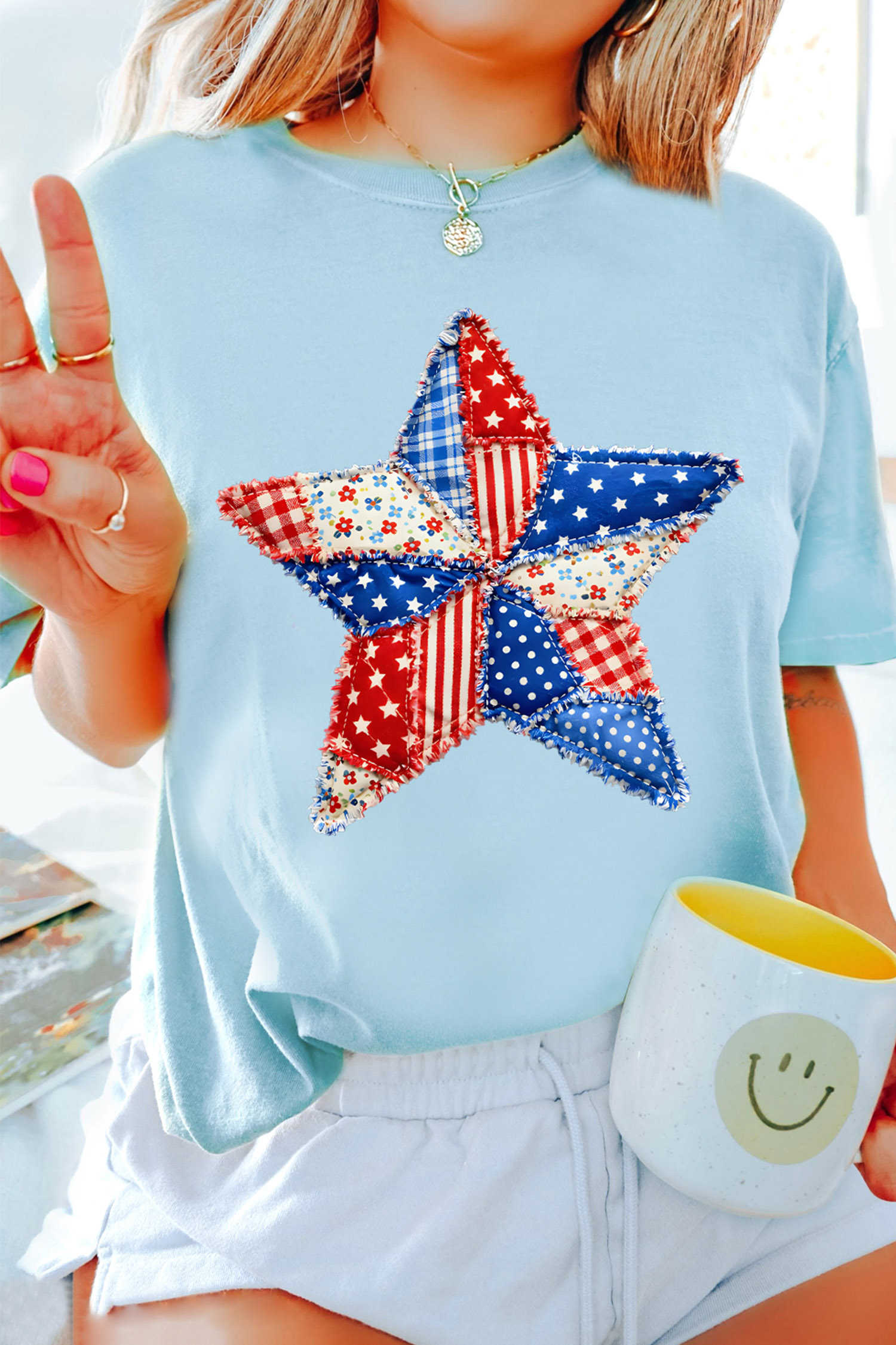 Light Blue Patriotic Patchwork Star Graphic T-Shirt
