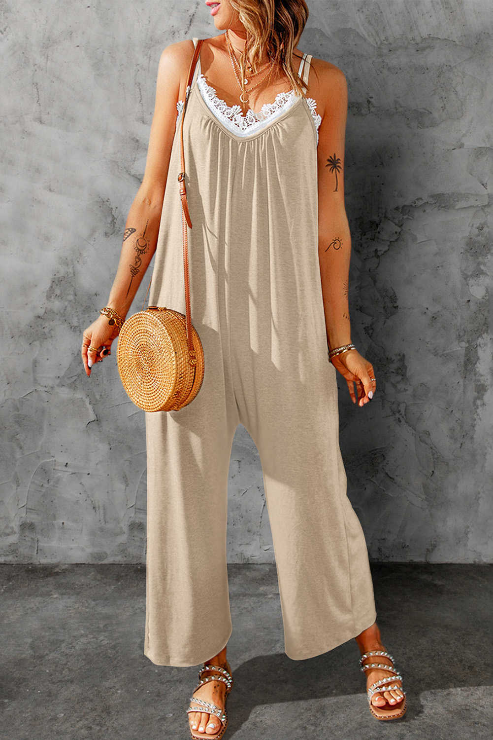 Apricot Spaghetti Straps Wide Leg Pocketed Jumpsuits