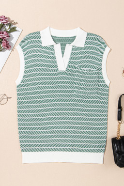 Green Stripe Contrast Trim Sleeveless Polo Collar Sweater