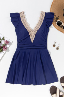 Navy Blue Ruffled Short Sleeve Lace Trim V Neck One Piece Swim Dress
