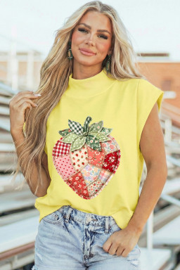 Yellow Faux Patchwork Strawberry Printed Mock Neck Tee