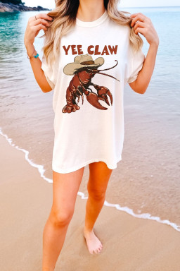 White Funny Western Print Short Sleeve Lobster Graphic Tee