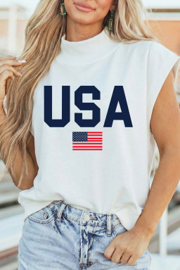 White USA Flag Printed Mock Neck Short Sleeve Top