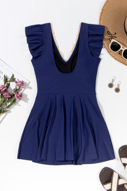 Navy Blue Ruffled Short Sleeve Lace Trim V Neck One Piece Swim Dress