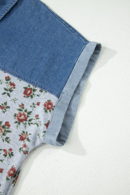 Gray Retro Floral Print Denim Patchwork Plus Size Polo Tee