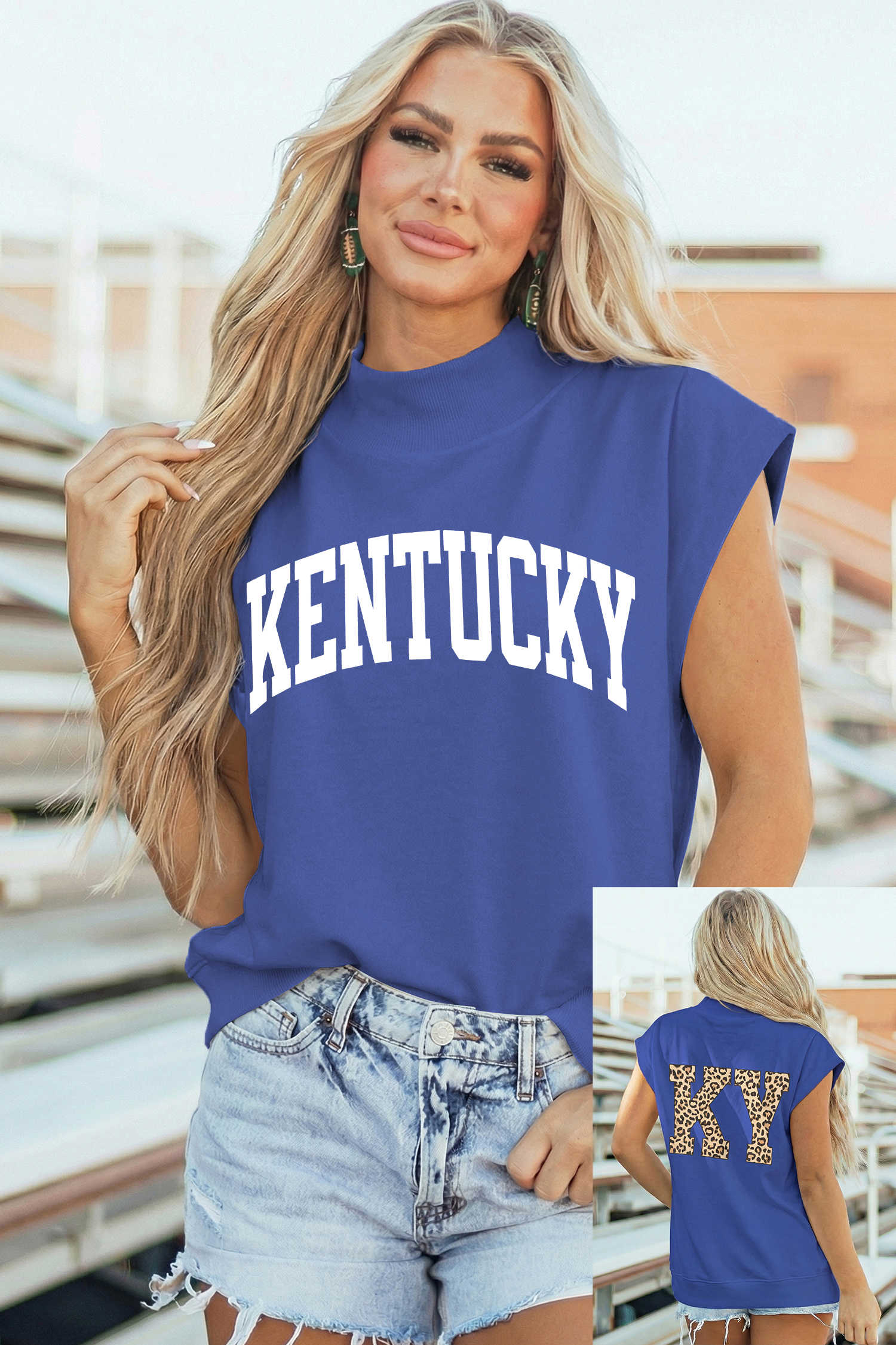 Sky Blue KENTUCKY Leopard KY Double Side Printed Mock Neck Tee