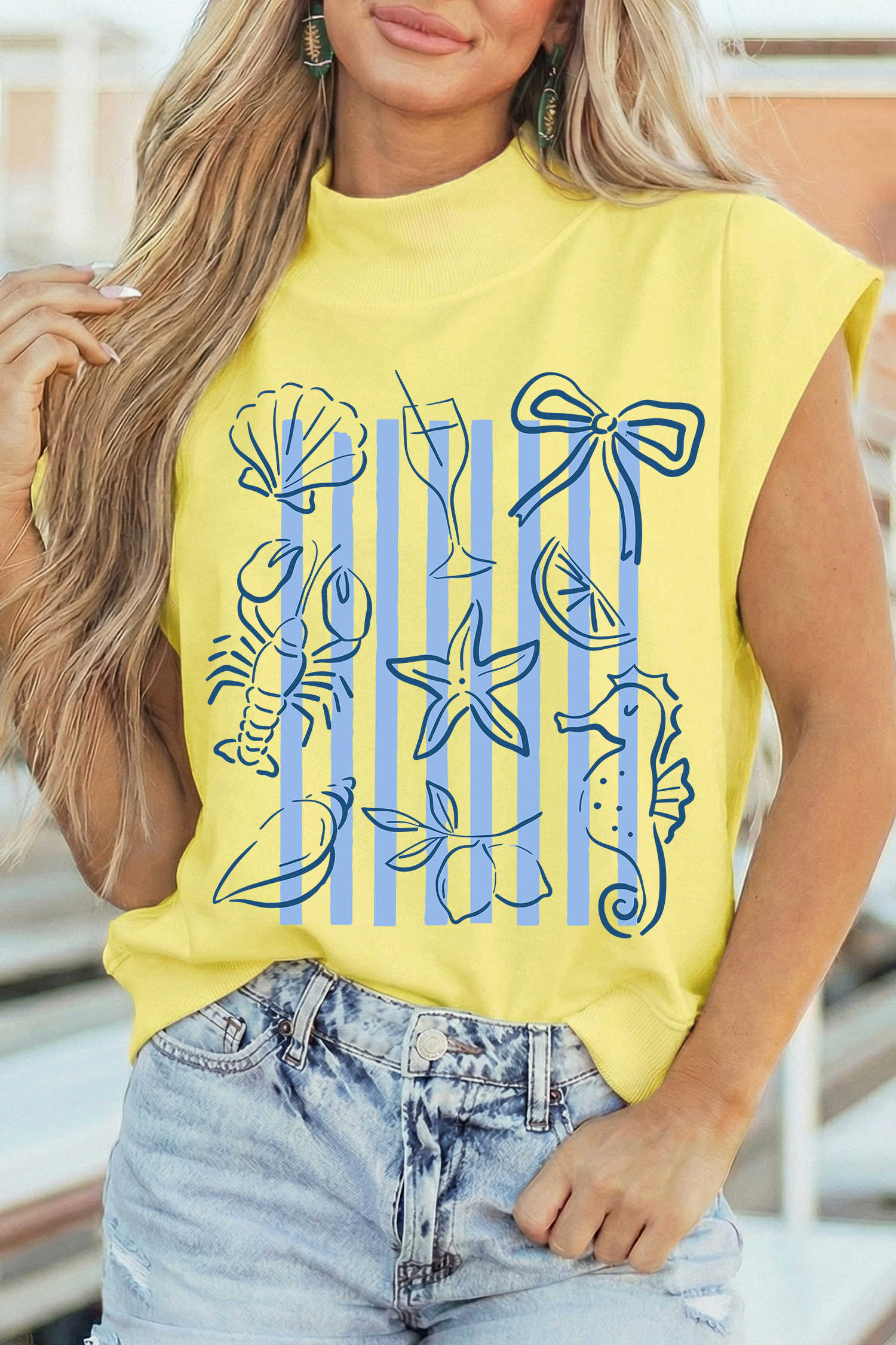 Yellow Seashell Coquette Striped Print High Neck Top
