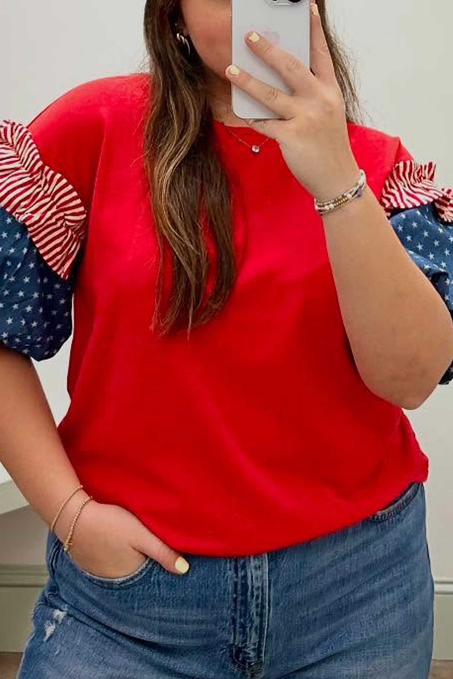Fiery Red Plus Size Striped Ruffles Star Short Bubble Sleeve Patchwork Top