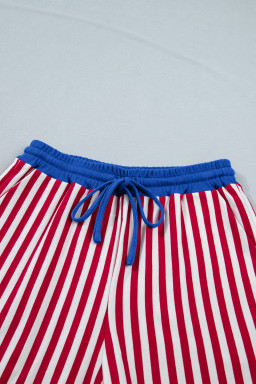 Red Stripe Colorblock Trim V Neck Tee Drawstring Elastic Waist Short Set
