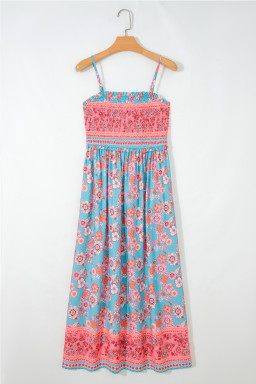 Sky Blue Bohemian Ethnic Print Spaghetti Straps Vacation Maxi Dress
