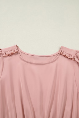 Light Pink Contrast Shirred Elastic Waist Short Sleeve Midi Dress